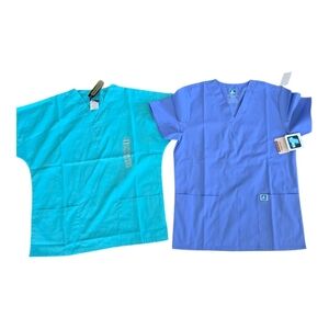 New Lot of 2 Scrubs Womens XS Blue Green V-Neck Top Medical Nursing Uniform